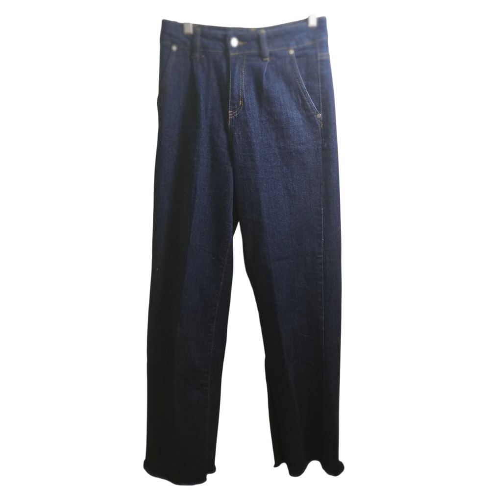 OAT New York Women's High‎ Rise Wide Leg Jeans Dark Blue Frayed Urban Raw 0/25